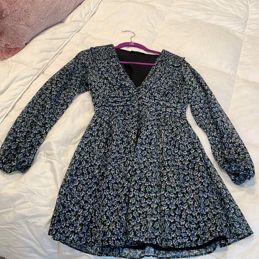 Floral long sleeve purple, green, and black Zara dress. Size medium